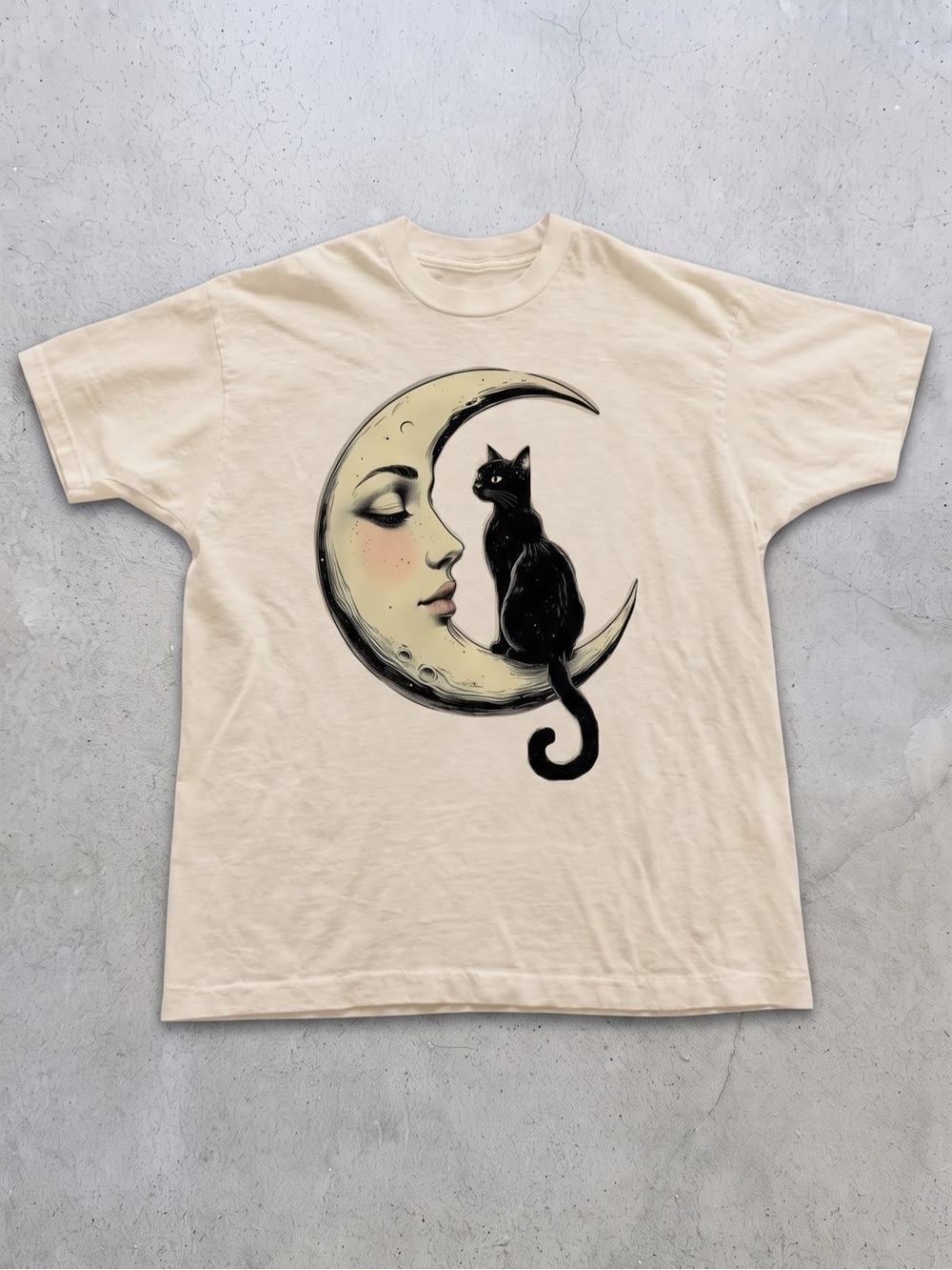 Gildan Off White Short Sleeve Tee with Moon
& Black Cat Graphic